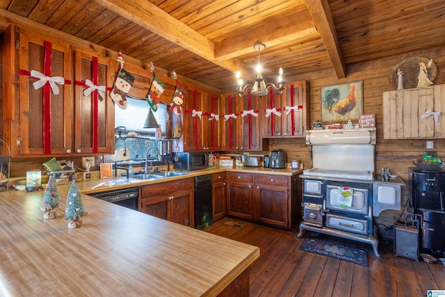 kitchen featuring stainless steel microwave, beamed ceiling, wooden ceiling, dark wood-style floors, and a sink