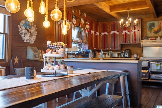 dining space with beam ceiling, a notable chandelier, wood-type flooring, wooden walls, and wood ceiling