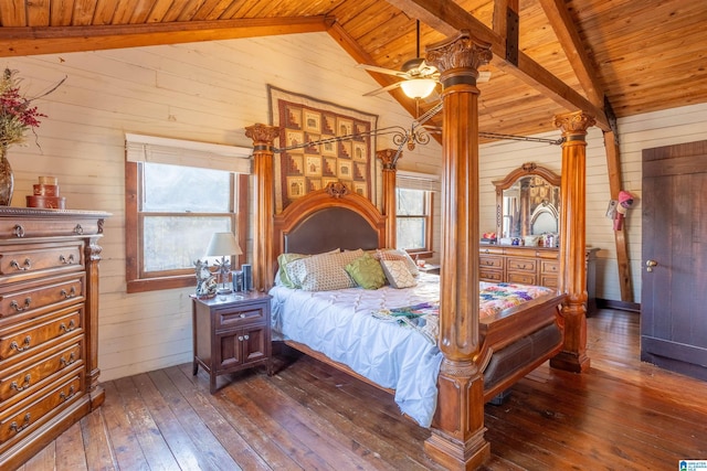 bedroom featuring lofted ceiling with beams, wooden walls, wooden ceiling, and dark wood-style flooring