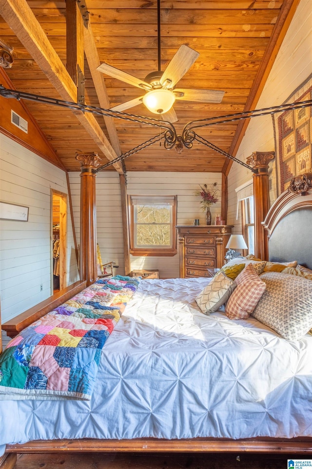 bedroom with wood ceiling, wood walls, ceiling fan, and lofted ceiling with beams