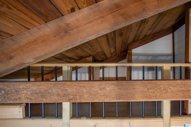 details with wooden walls and wood ceiling