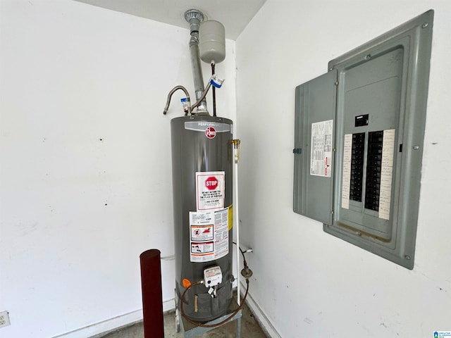 utility room with gas water heater and electric panel