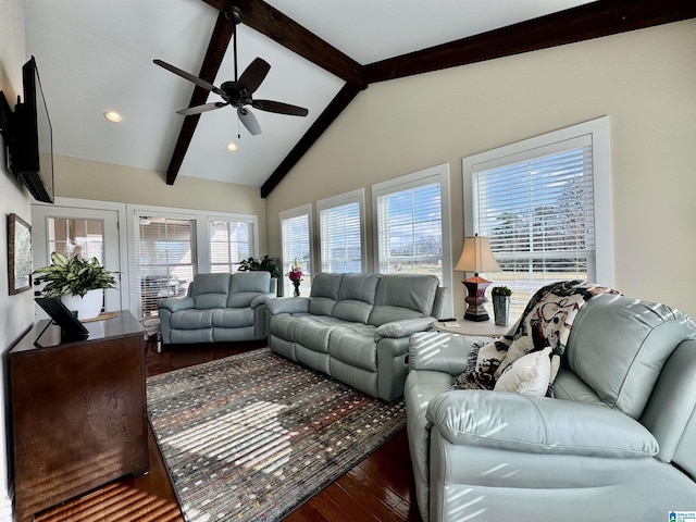 living room with ceiling fan, dark wood-type flooring, and lofted ceiling with beams