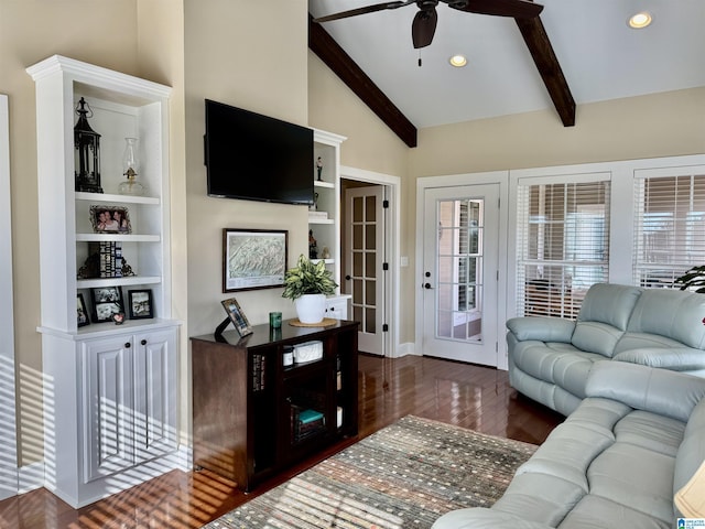 living room with vaulted ceiling with beams, dark hardwood / wood-style flooring, french doors, and ceiling fan