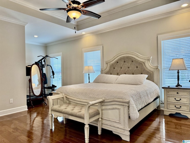 bedroom featuring ornamental molding, ceiling fan, and dark wood-type flooring