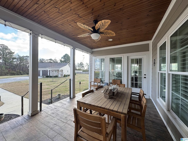 sunroom / solarium featuring ceiling fan and wood ceiling