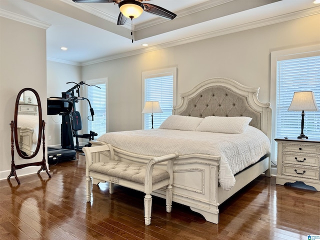 bedroom featuring multiple windows, ceiling fan, and dark hardwood / wood-style floors