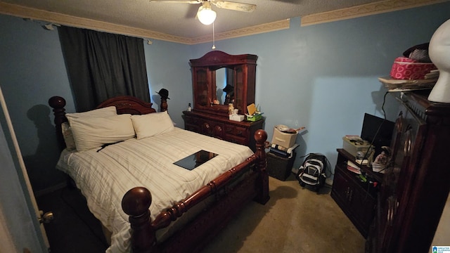 carpeted bedroom featuring a textured ceiling, ceiling fan, and crown molding