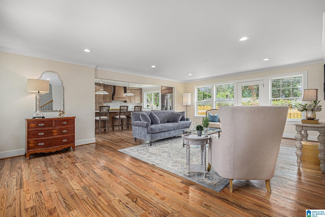 living room with hardwood / wood-style flooring, a healthy amount of sunlight, and ornamental molding