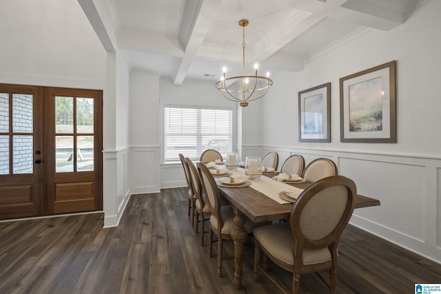 dining area featuring beam ceiling, a wealth of natural light, french doors, and coffered ceiling