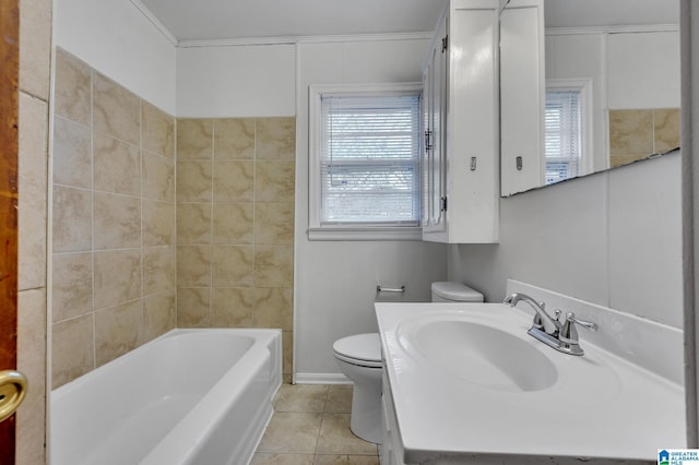 full bathroom featuring sink, tile patterned flooring, toilet, ornamental molding, and tub / shower combination