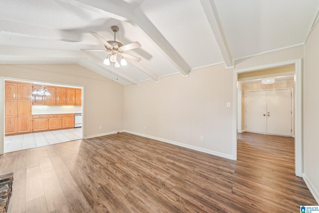 unfurnished living room featuring ceiling fan, lofted ceiling with beams, and light hardwood / wood-style flooring