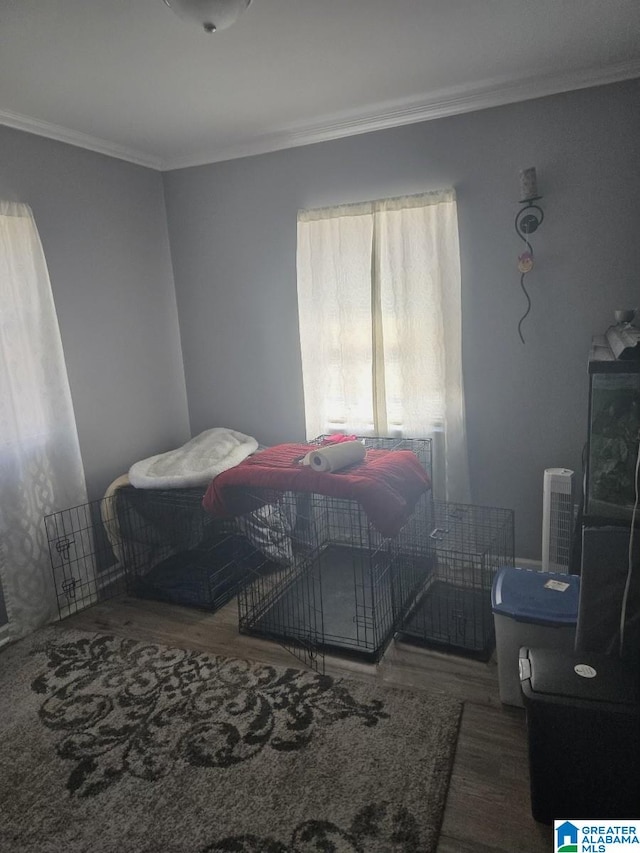 bedroom with dark hardwood / wood-style floors and crown molding