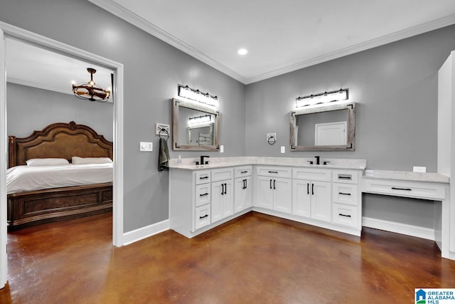 bathroom featuring an inviting chandelier, vanity, concrete flooring, and ornamental molding