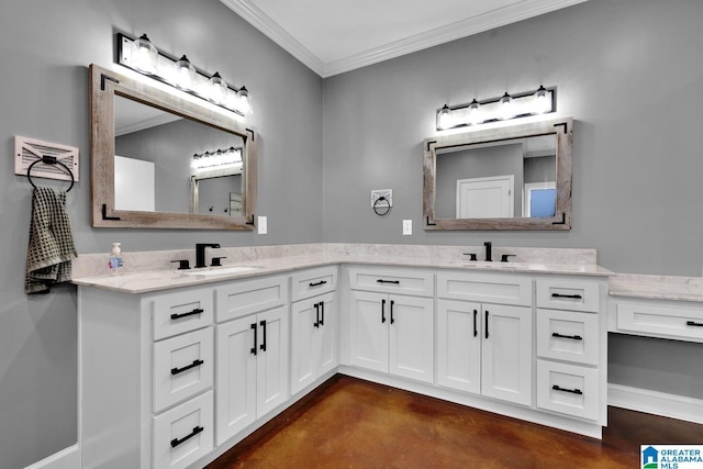 bathroom featuring vanity and ornamental molding