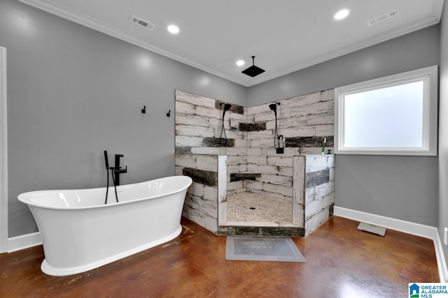 bathroom with ornamental molding, concrete flooring, and shower with separate bathtub