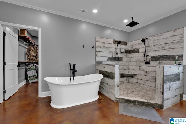 bathroom with ornamental molding, shower with separate bathtub, and concrete floors