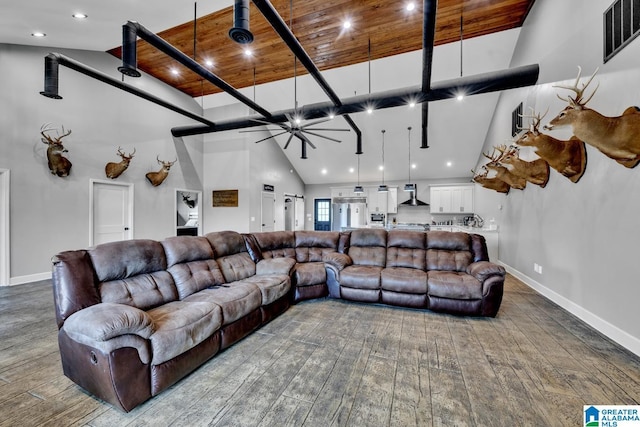 living room featuring hardwood / wood-style floors, wood ceiling, and high vaulted ceiling