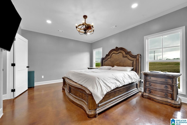 bedroom with crown molding and a notable chandelier