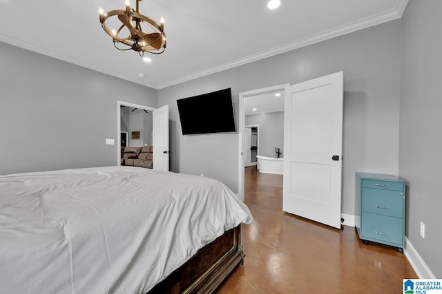 bedroom featuring a notable chandelier and crown molding