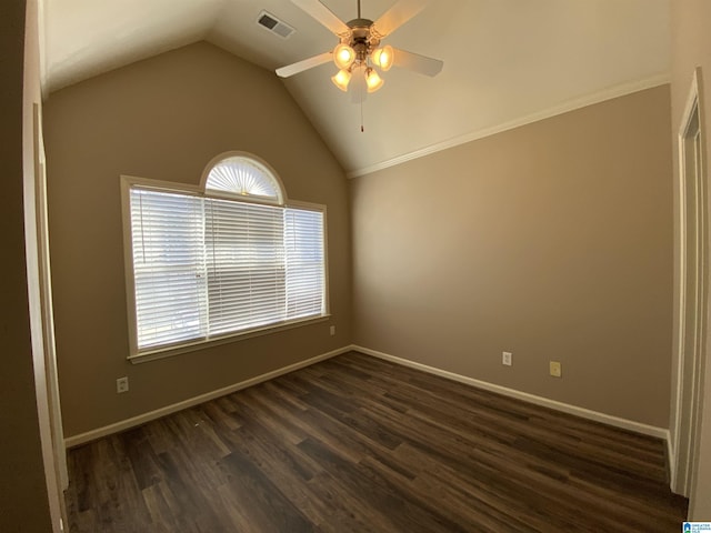 unfurnished room featuring ceiling fan, dark hardwood / wood-style flooring, and lofted ceiling