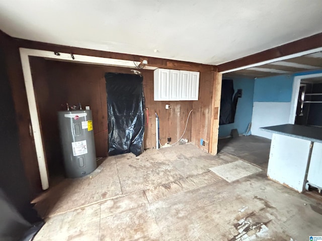 interior space with wood walls and water heater