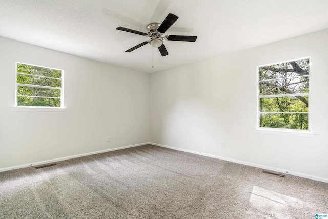 carpeted spare room with a wealth of natural light and ceiling fan