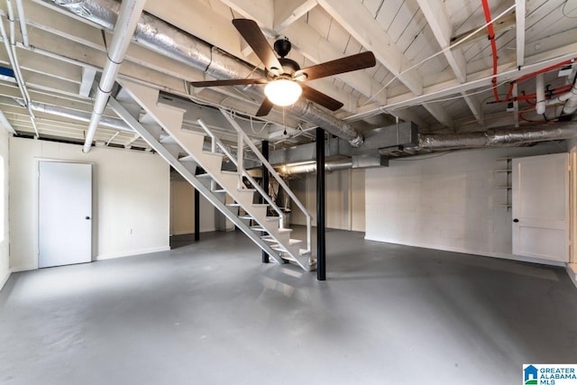 basement featuring ceiling fan