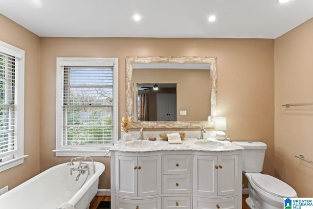 bathroom with a bathtub, a healthy amount of sunlight, toilet, and vanity