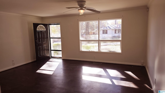 entrance foyer with a wealth of natural light, ornamental molding, and ceiling fan