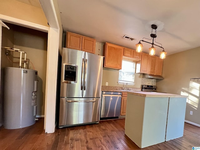 kitchen with stainless steel appliances, water heater, dark hardwood / wood-style floors, pendant lighting, and a kitchen island