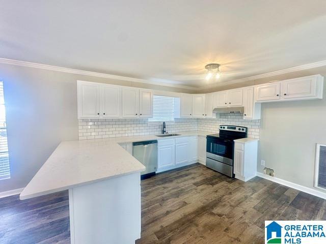 kitchen featuring kitchen peninsula, dark hardwood / wood-style flooring, stainless steel appliances, sink, and white cabinets