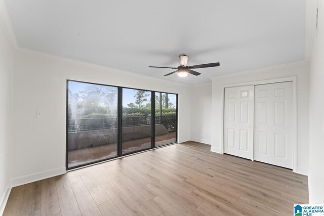 unfurnished bedroom with access to exterior, light wood-type flooring, ceiling fan, and ornamental molding