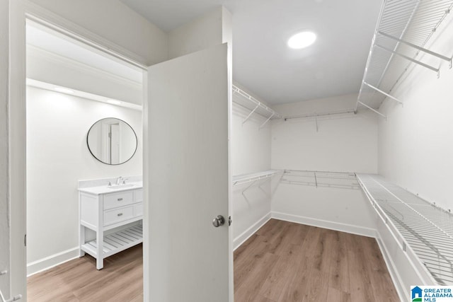 spacious closet with sink and light hardwood / wood-style floors