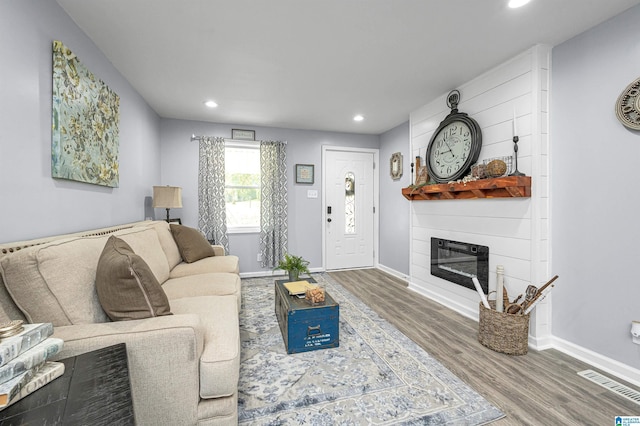 living room featuring a fireplace and wood-type flooring