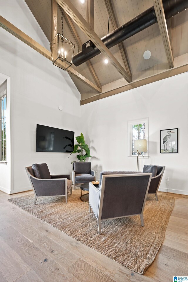 1616 Skye Pass, Hoover, AL 35244 - living room with beamed ceiling, wood-type flooring, high vaulted ceiling, and a chandelier