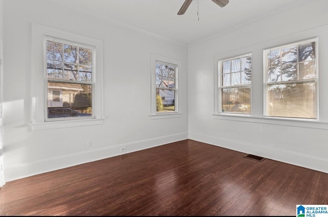 empty room with hardwood / wood-style floors, plenty of natural light, ceiling fan, and ornamental molding