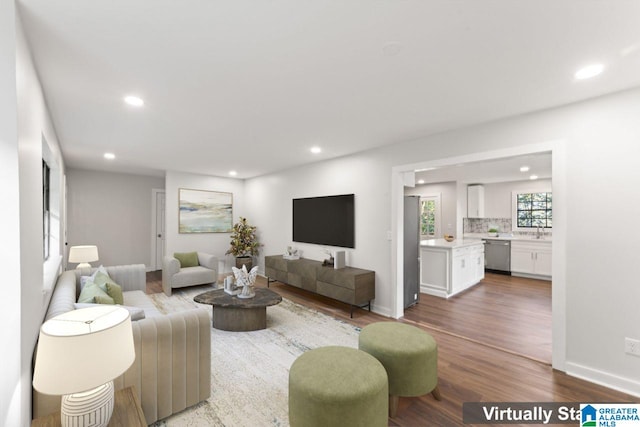 living room with hardwood / wood-style flooring and sink