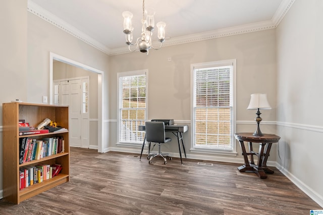 office space with a wealth of natural light, crown molding, dark wood-type flooring, and a notable chandelier