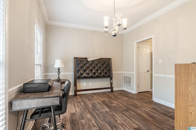 office area featuring dark hardwood / wood-style floors, crown molding, and a notable chandelier