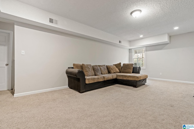 carpeted living room with a textured ceiling