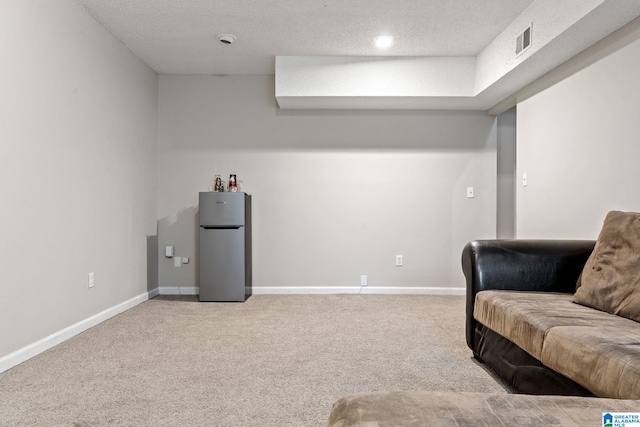 sitting room featuring a textured ceiling and light colored carpet