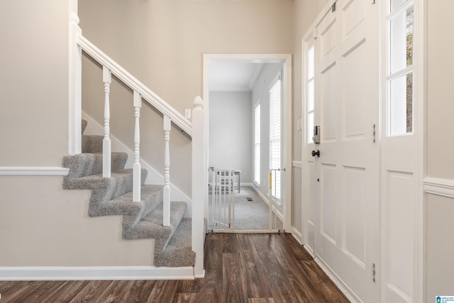 entrance foyer featuring crown molding and dark wood-type flooring