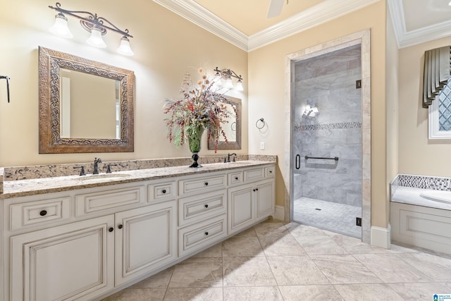 bathroom with ceiling fan, tile patterned floors, crown molding, vanity, and independent shower and bath