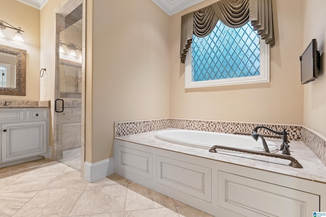 bathroom with vanity, crown molding, and plus walk in shower