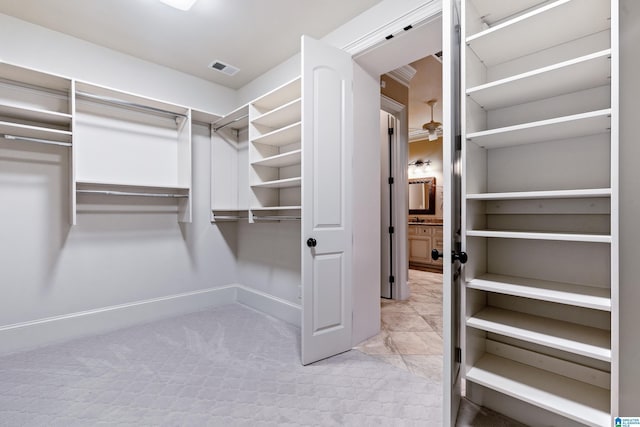 spacious closet featuring light carpet