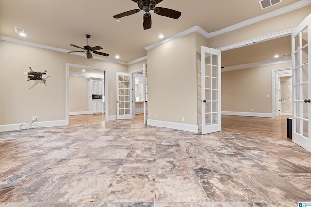 unfurnished living room with ceiling fan, ornamental molding, and french doors