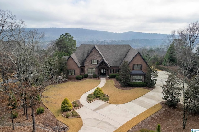 view of front of home with a mountain view and a front yard