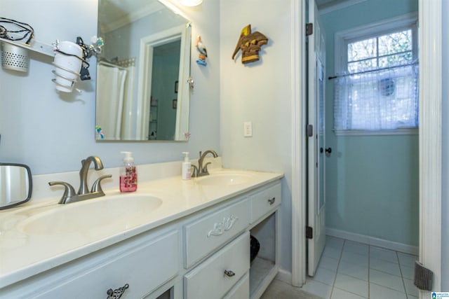 bathroom featuring tile patterned floors, vanity, and a shower with shower curtain