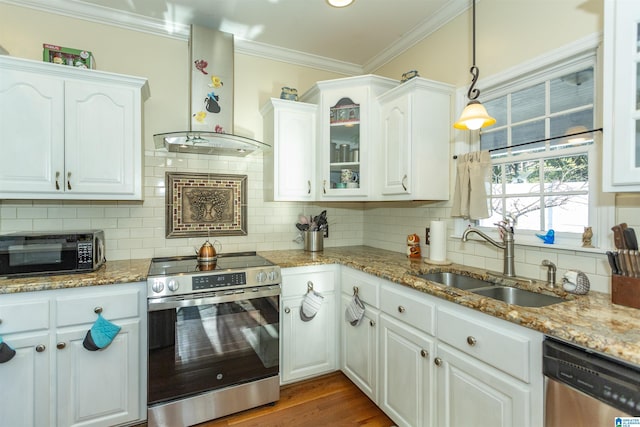 kitchen featuring white cabinets, appliances with stainless steel finishes, wall chimney exhaust hood, and sink